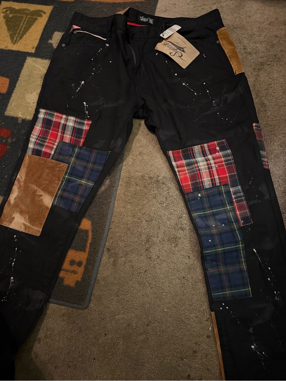 Men's Black Patchwork Plaid Trim Pants